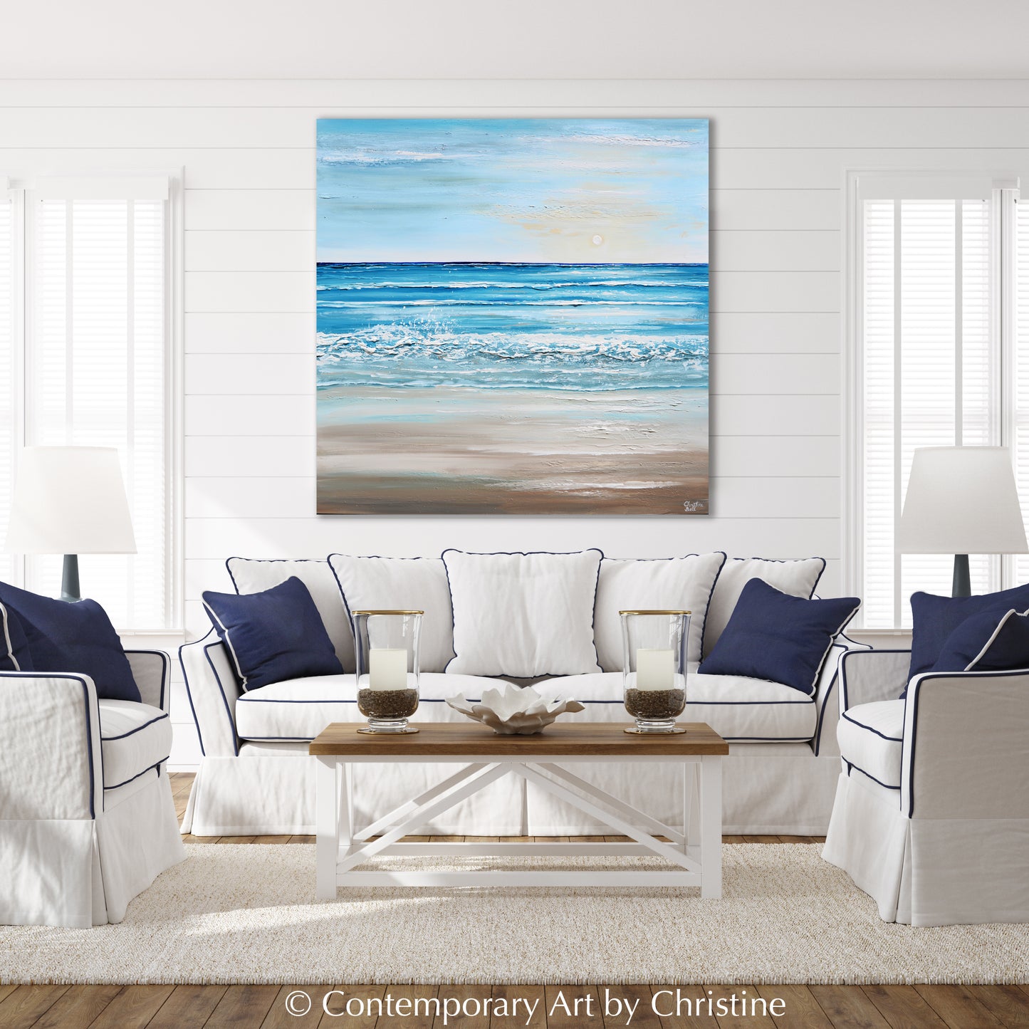 Load image into Gallery viewer, &amp;quot;Surf and Sun&amp;quot; ORIGINAL Art Textured Coastal Abstract Seascape Painting Light Blue White Grey Coastal Seascape Minimalist Wall Art XL 48x48&amp;quot;
