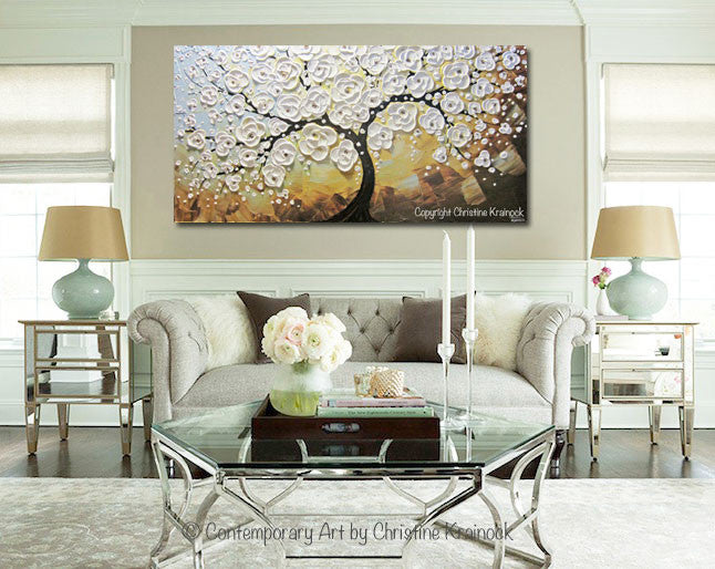 ORIGINAL Art Abstract Painting Blossoming Cherry Tree Textured White Flowers Wall Art Blue Brown Gold 24x48"
